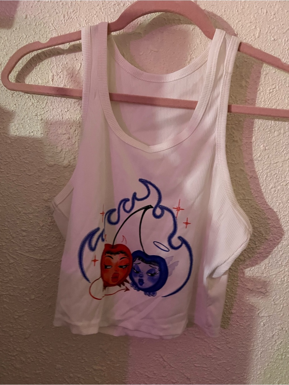 White Graphic Ribbed Tank Top with Red & Blue Face Design
